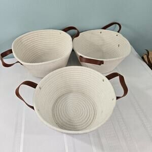 Cotton Woven Rope Baskets with Faux Leather Handles Cream 6x12" Set of 3 NWOT